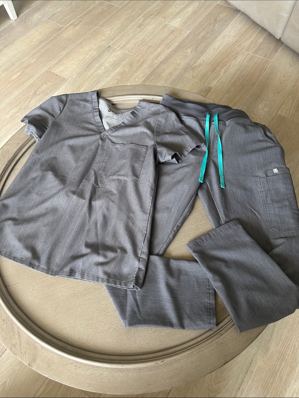 Figs Women's Straight Leg Scrub Set in Healer Gray with Teal Drawstrings